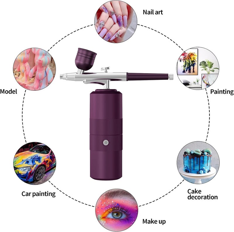 CBVCBV Airbrush Kit with Compressor Portable Airbrush Kit 48PSI High-Pressure Non-Clogging Air Brush Set Cordless Rechargeable with 0.3mm Nozzle and Cleaning Brush for Painting,Nail Art, Makeup (Purple) - Image 3